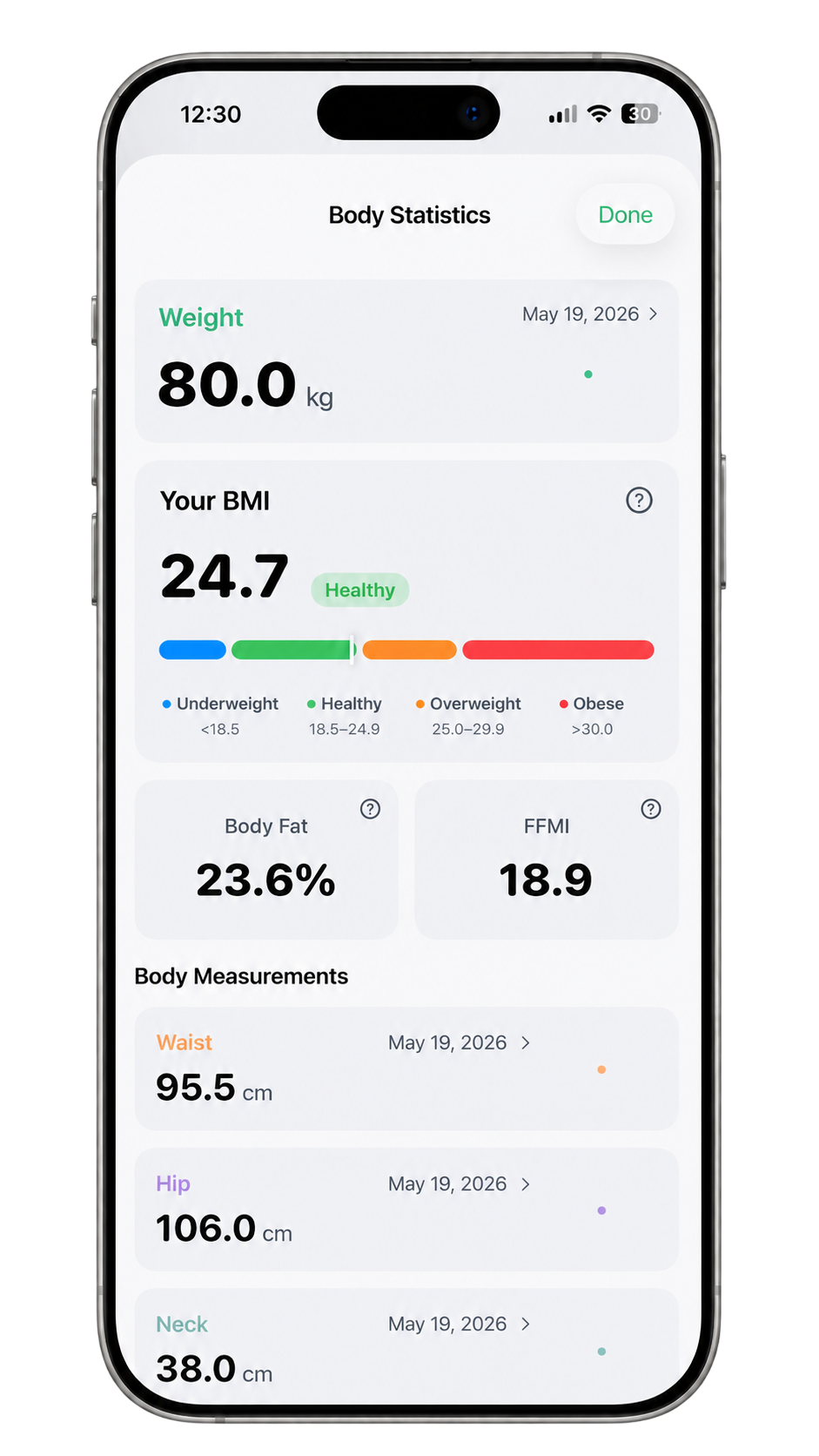 Foodify body statistics showing weight, BMI, body fat and FFMI