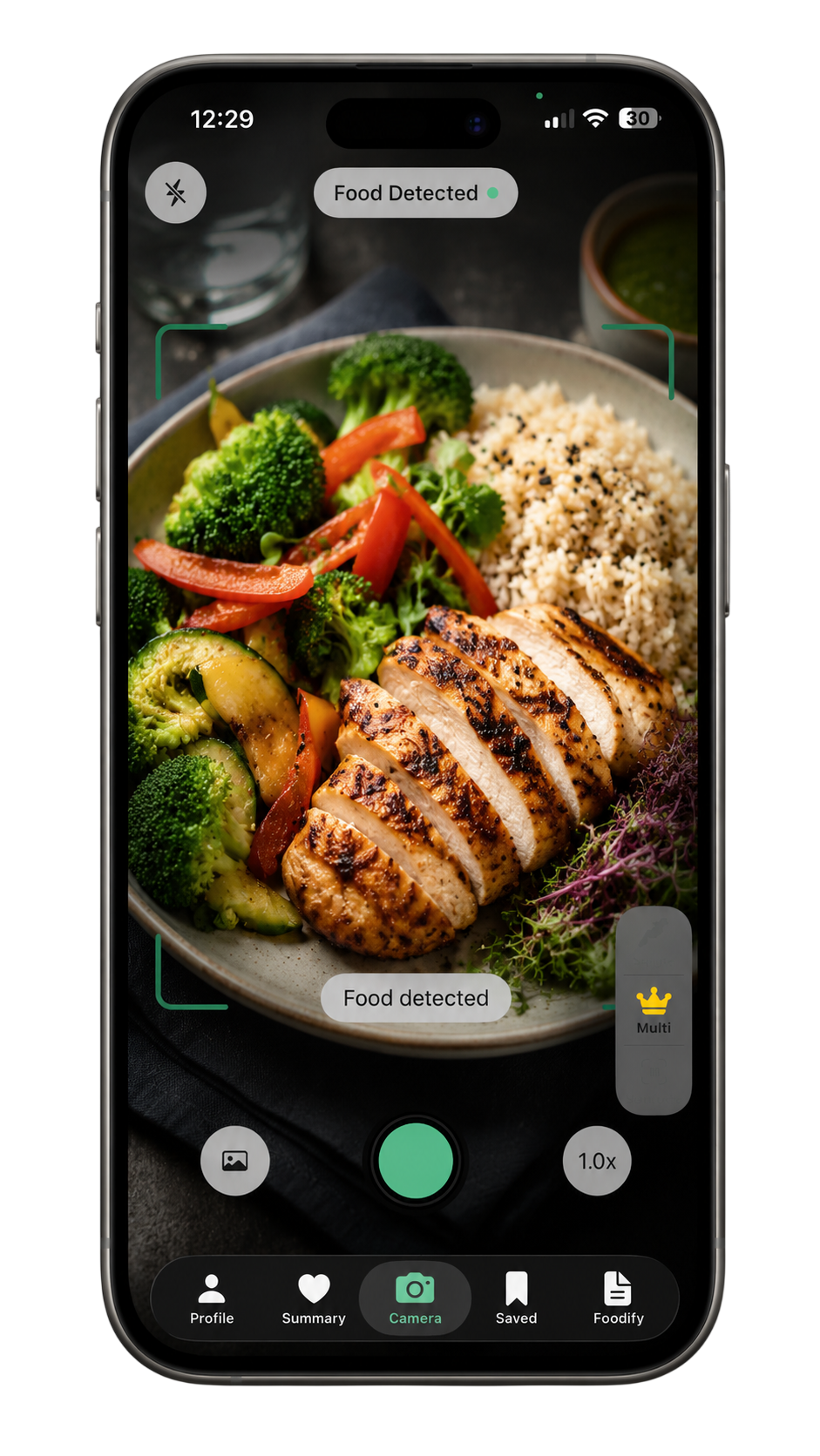 Foodify camera recognizing a chicken and vegetable bowl