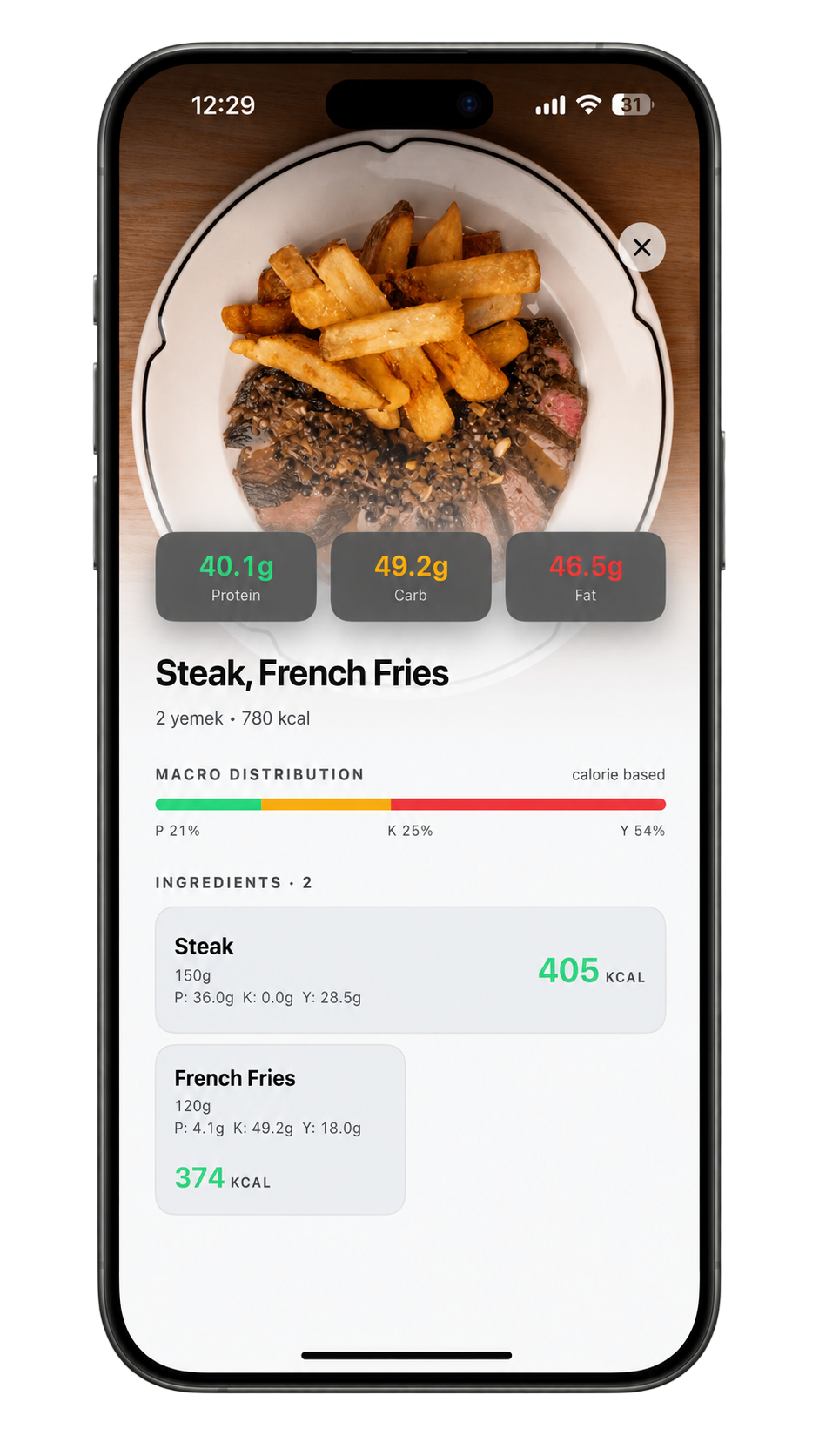Foodify nutrition breakdown showing protein, carbs, fat for steak and fries
