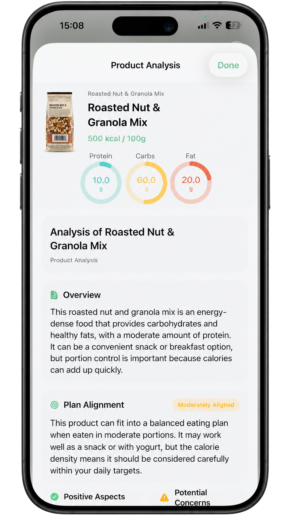 Foodify AI product analysis screen with macros and plan alignment
