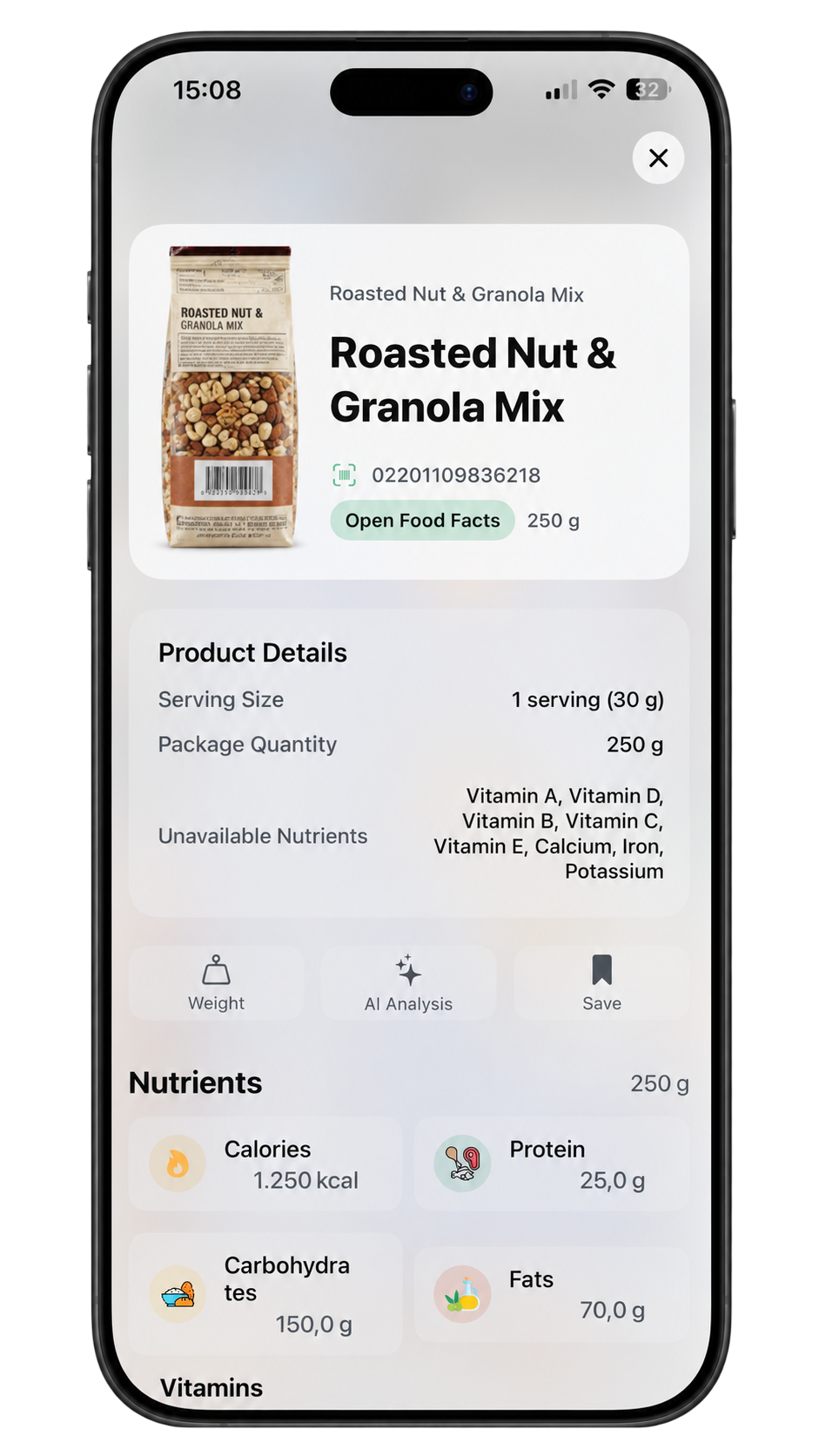 Foodify product details screen showing nutrition info for Roasted Nut & Granola Mix