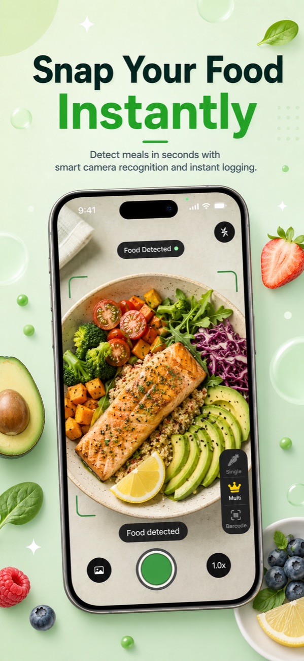 AI food scanner detecting a meal through the iPhone camera in the Foodify app