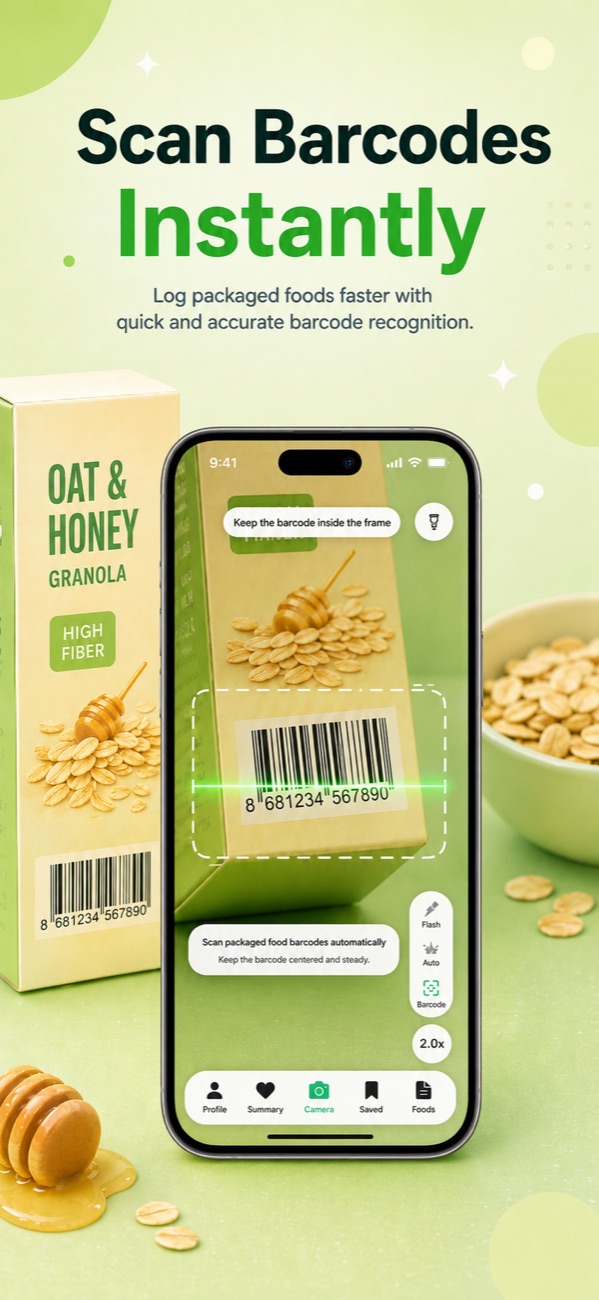 Barcode scanner logging packaged food nutrition facts in the Foodify app