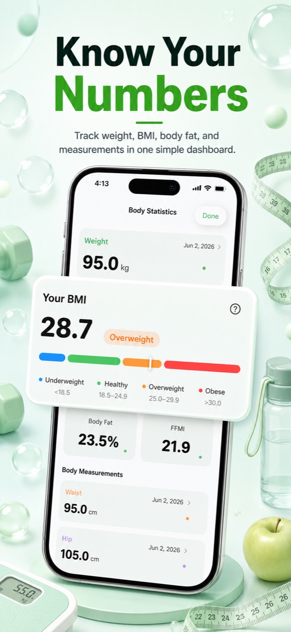 Weight, BMI and body fat tracking dashboard in the Foodify app
