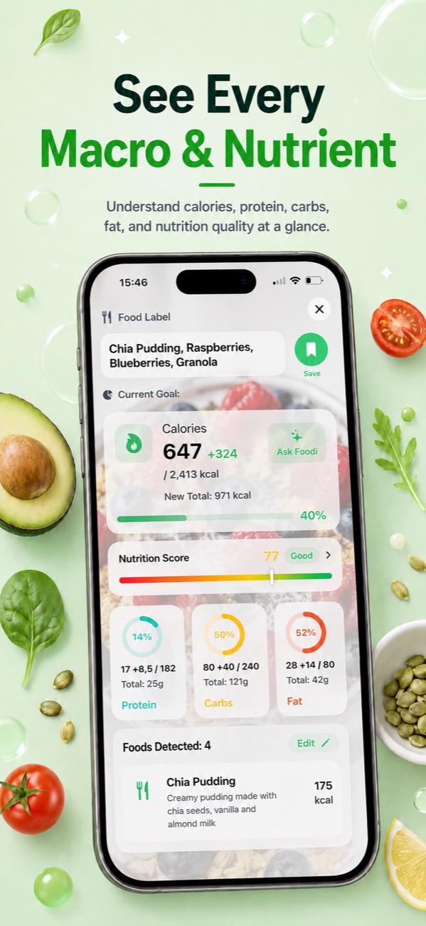 Calorie, protein, carb and fat breakdown with Nutrition Score in the Foodify calorie counter