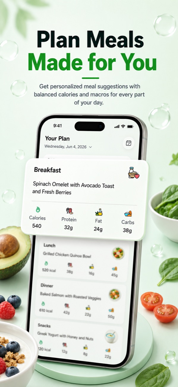 Personalized AI meal plan with balanced calories and macros in the Foodify app