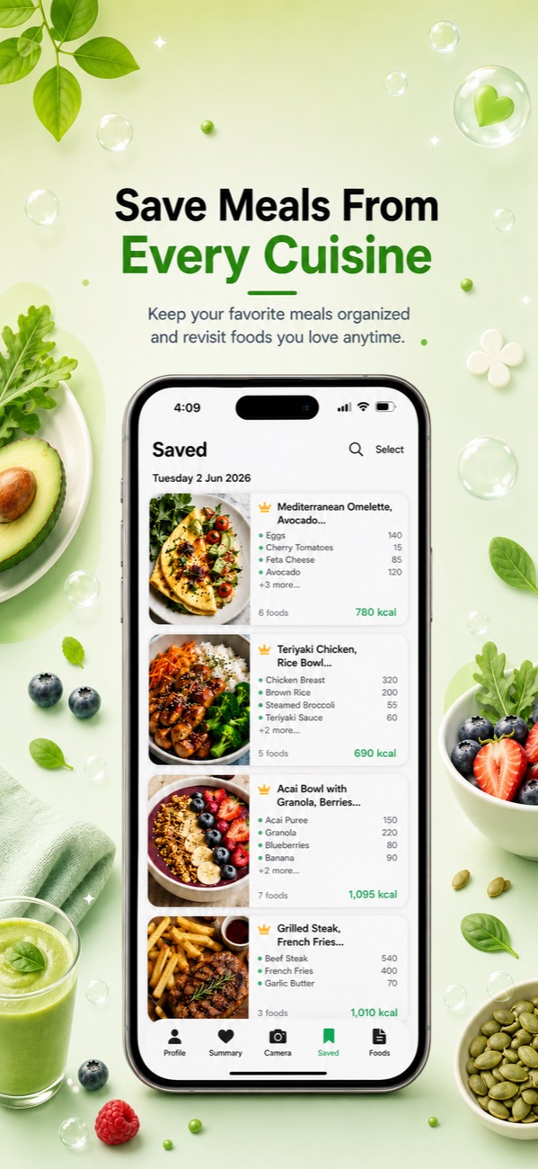 Saved meals library with per-ingredient calories in the Foodify app